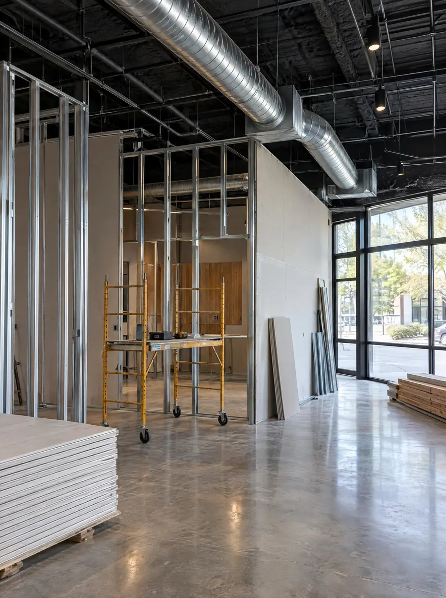 A retail space mid-buildout with new metal stud framing and ductwork