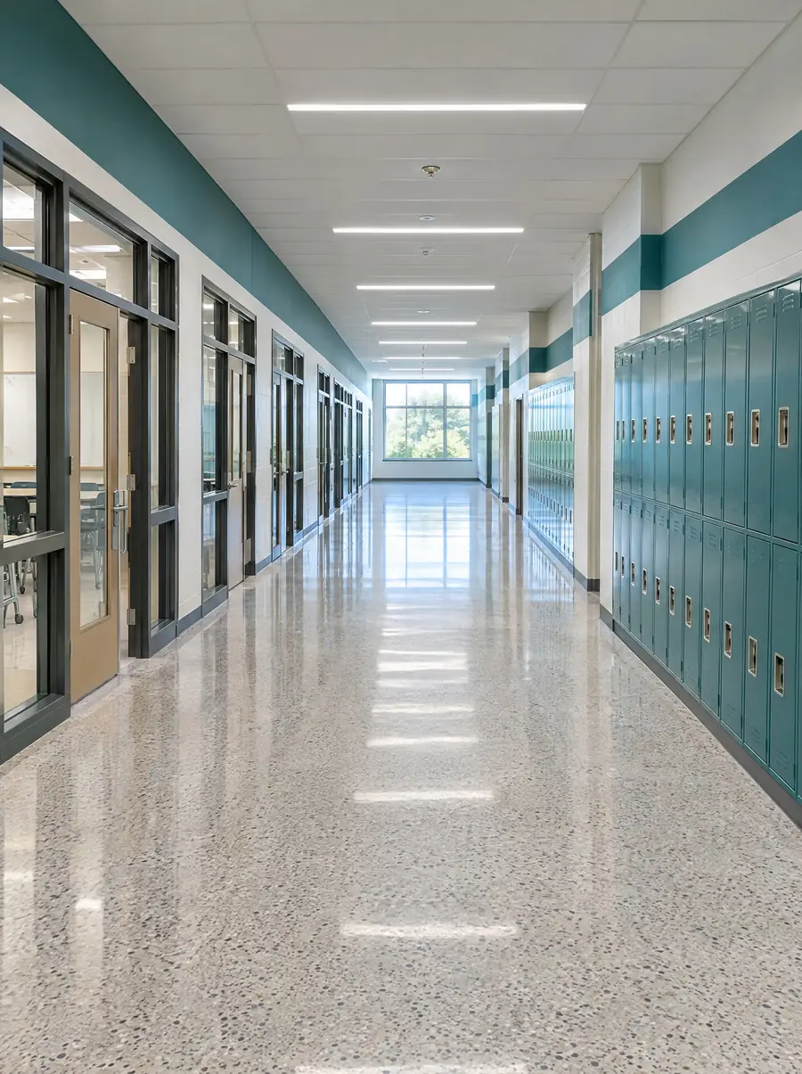 A renovated school corridor with new lighting, flooring, and lockers