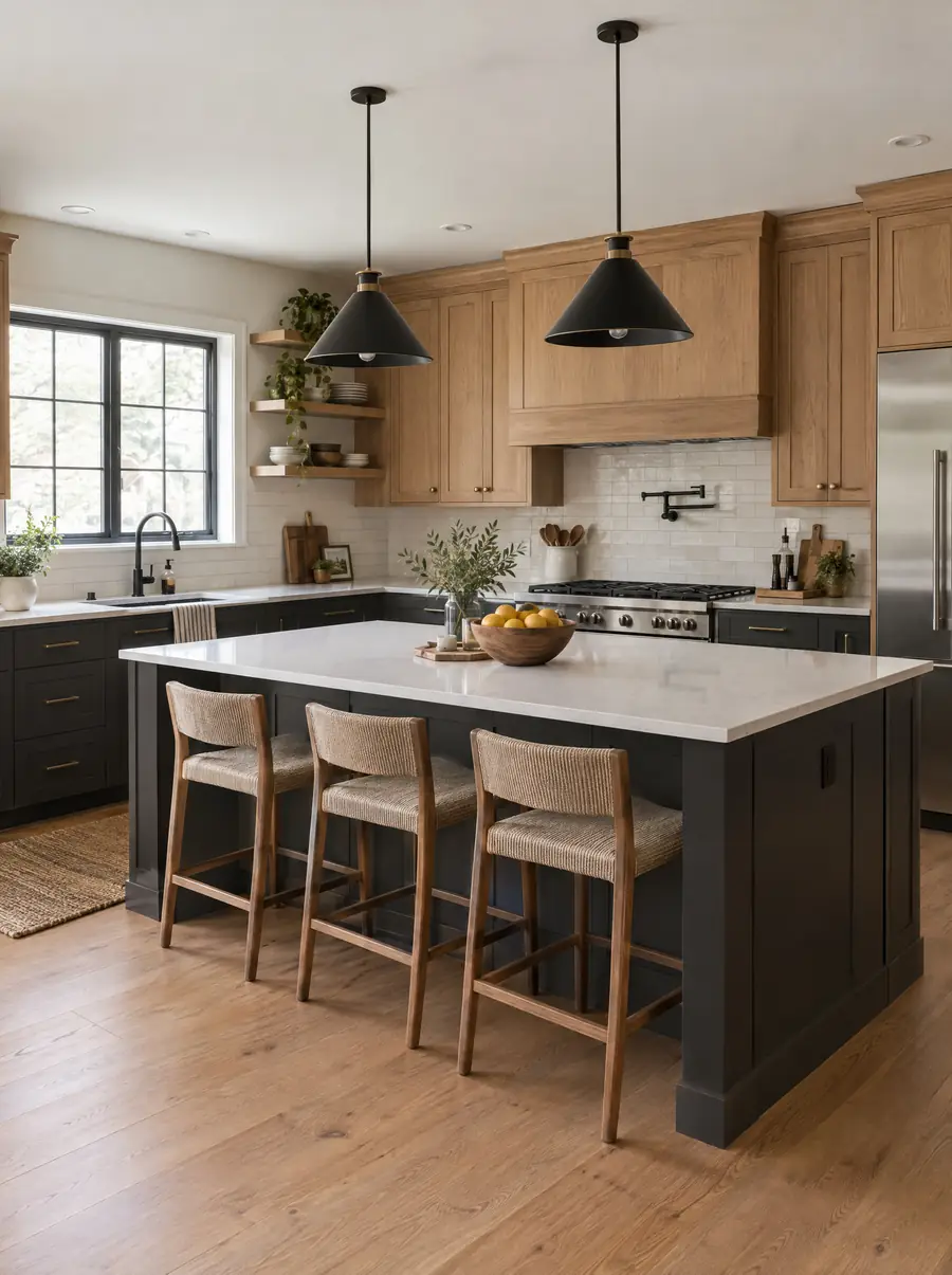 A renovated kitchen with oak and charcoal cabinetry and a large island