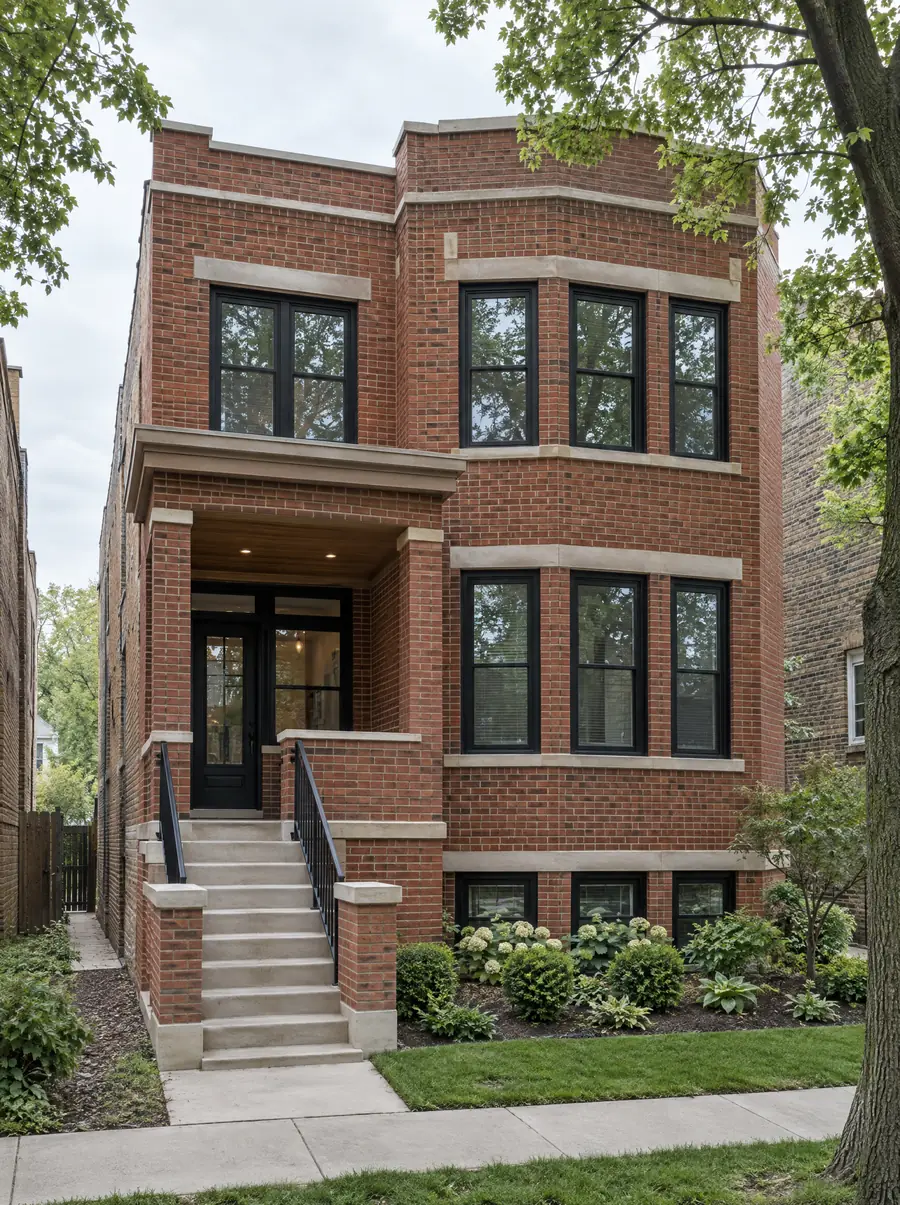 A renovated brick two-flat with new windows and a rebuilt front porch